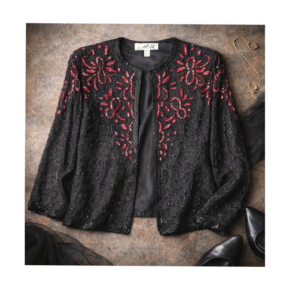 AP Ltd Vintage Silk Beaded Sequin Jacket Black Red Paisley‎ Evening Bolero Large